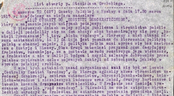  List otwarty Stanisława Grabskiego do Komitetu Demokratycznego z marca 1917 roku.  